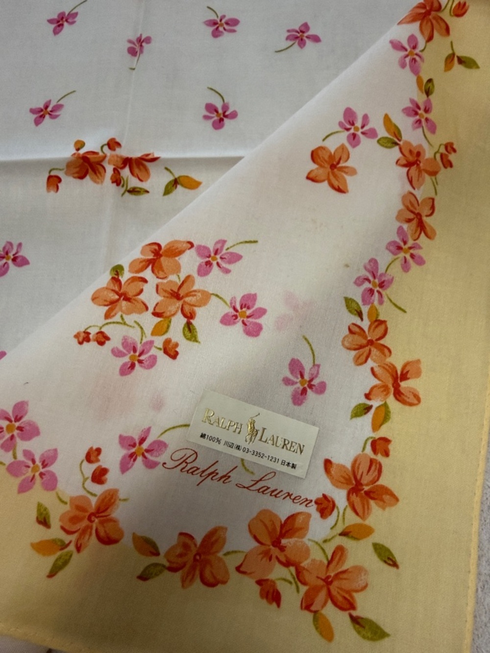 Ralph Lauren Floral cotton Scarf in White, Pink, Orange & Yellow Border - Picture 3 of 5